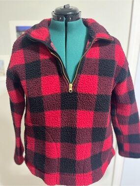 Old Navy Red and Black Buffalo Plaid Sherpa Half-Zip Pullover